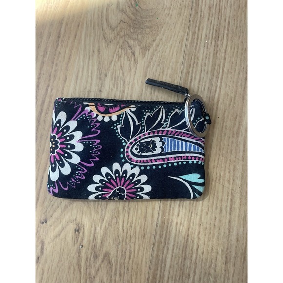 Vera Bradley Zip ID Case‎ Card Holder Coin Purse Key Ring in black floral pop - Picture 2 of 11